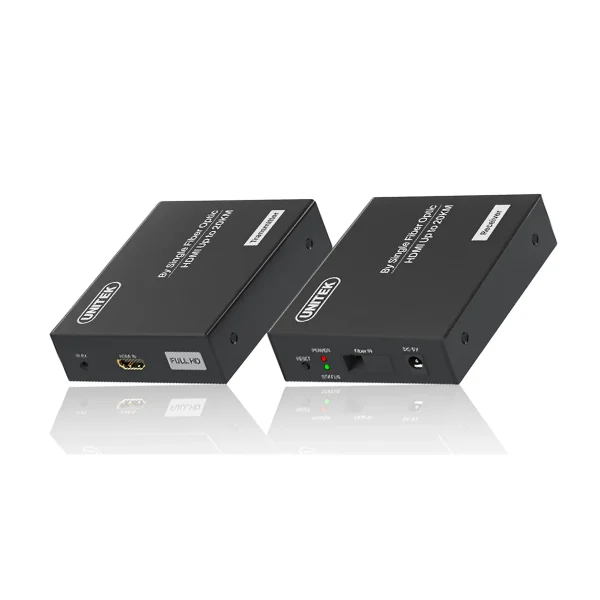 Bộ chuyển HDMI cáp quang Unitek V165A: Transmitter có HDMI IN, Receiver có đèn LED và nút Reset, ghi rõ 20KM