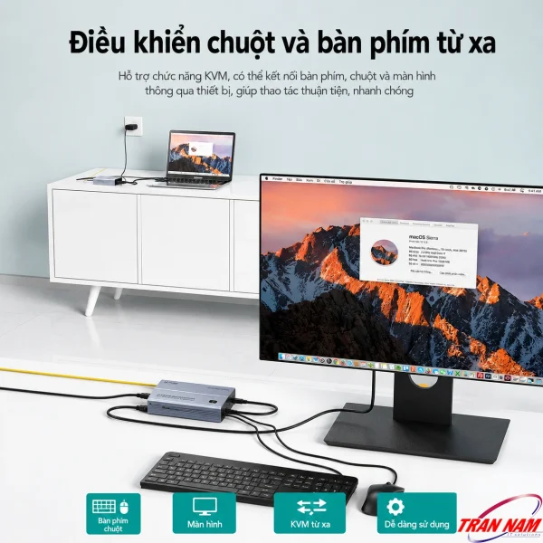 Sơ đồ minh hoạ điều khiển bàn phím chuột từ xa qua MT-VIKI MT-EHK020, kết nối laptop và màn hình qua cáp quang KVM