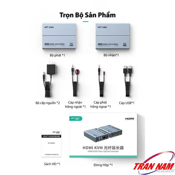 Trọn bộ đóng hộp MT-VIKI MT-EHK020 gồm Bộ Phát, Bộ Nhận, 2 nguồn DC5V, cáp IR, cáp USB và sách hướng dẫn