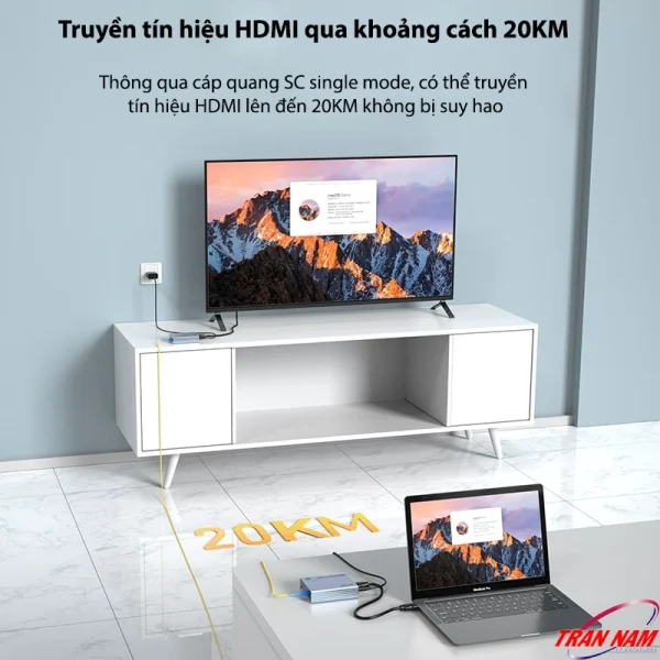 Minh hoạ truyền tín hiệu HDMI 20KM không suy hao của MT-VIKI MT-EHK020 qua cáp quang SC, kết nối TV và laptop
