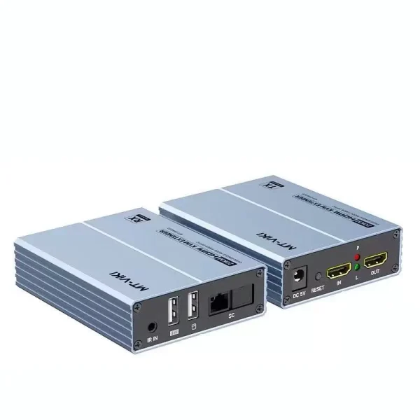 Ảnh sản phẩm Bộ Phát TX và Bộ Thu RX MT-VIKI MT-EHK020, nền trắng, hiển thị đầy đủ cổng USB, SC, HDMI, DC5V