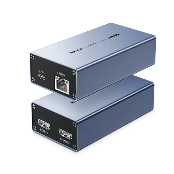 Bộ mở rộng HDMI qua mạng Jasoz T-G201 (No-Switch) — cổng DC 5V, LAN RX trên bộ nhận; HDMI IN, HDMI OUT trên bộ phát