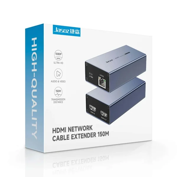 Hộp đóng gói Jasoz T-G201 HDMI Network Cable Extender 150M — hỗ trợ Full HD 1080P/60Hz, truyền audio & video, khoảng cách 150M