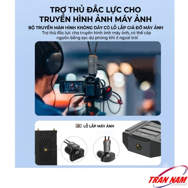 TX Unitek V176A gắn trực tiếp lên máy ảnh qua lỗ ren tiêu chuẩn, dùng được với sạc dự phòng ngoài trời