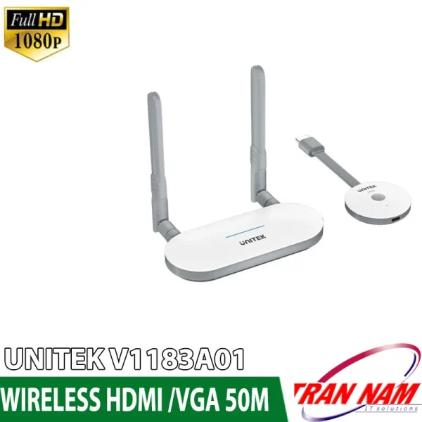 Bộ thu phát HDMI VGA không dây Unitek V1183A01 — bộ thu 2 ăng-ten, bộ phát nhỏ gọn kèm cáp USB-C, FullHD 1080P, tầm xa 50M