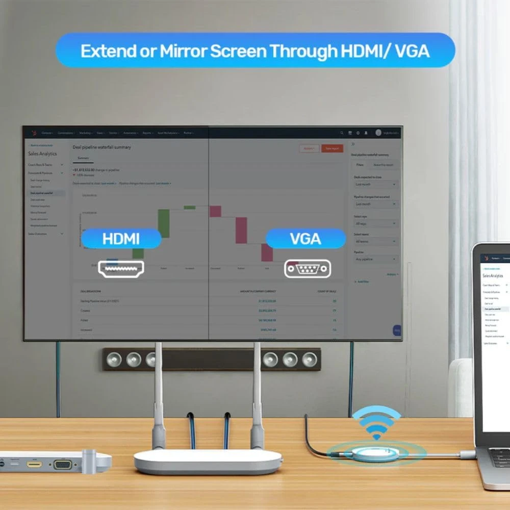Unitek V1183A01 — Xuất Hình Qua Cả HDMI Và VGA Bộ thu Unitek V1183A01 xuất tín hiệu ra màn hình qua cổng HDMI và VGA, bộ phát kết nối laptop qua cáp