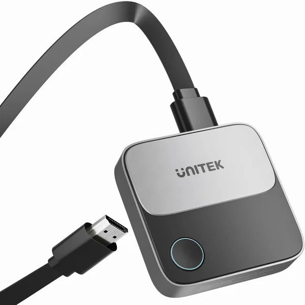 UNITEK V1162B01 với cáp HDMI dẹt và cáp USB-C đi kèm, nút nguồn có đèn LED xanh báo trạng thái