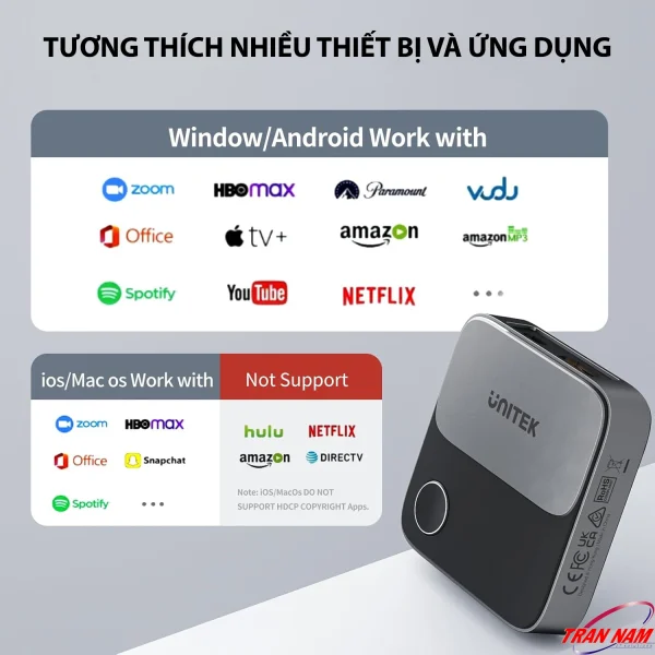 UNITEK V1162B01 - Windows/Android cast được Netflix, Zoom, YouTube; iOS/macOS không hỗ trợ app có bản quyền HDCP