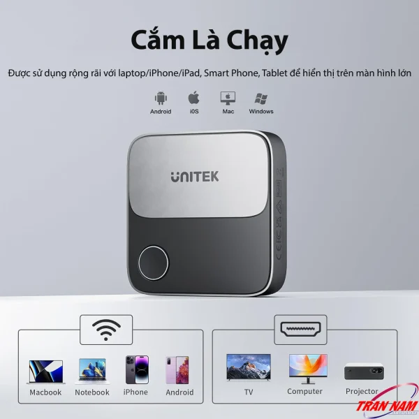 UNITEK V1162B01 cắm là chạy - nhận Wi-Fi từ Macbook/iPhone/Android, xuất HDMI ra TV/màn hình/máy chiếu