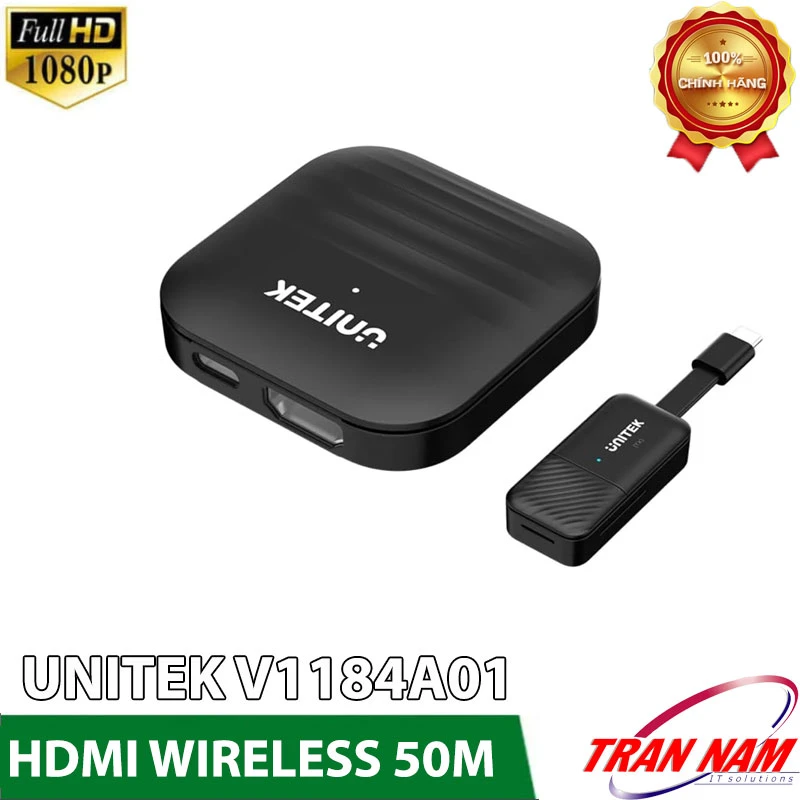 Bộ Truyền HDMI Không Dây 50M Đầu Vào USB-C Unitek V1184A01 (1) Bộ truyền HDMI không dây USB-C Unitek V1184A01 chính hãng — TX dongle cắm USB-C, RX HDMI, Full HD 1080P, xa 50M