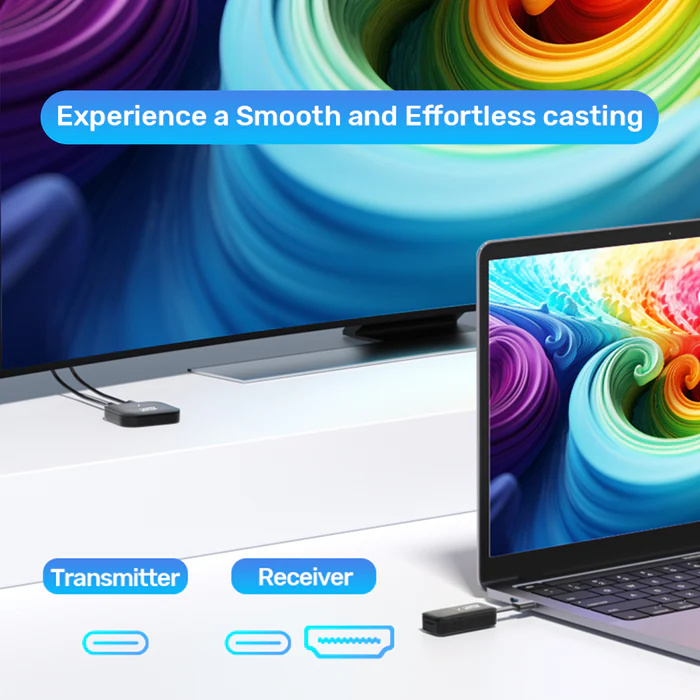 Bộ Truyền HDMI Không Dây 50M Đầu Vào USB-C Unitek V1184A01 9 TX chỉ có 1 cổng USB-C nhận tín hiệu từ laptop, RX có 2 cổng riêng biệt (USB-C cấp nguồn + HDMI xuất hình) — không phải thiết bị cast qua app hay WiFi mạng nhà