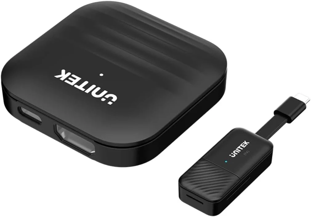 Chi Tiết TX và RX Unitek V1184A01 RX vuông 2 cổng USB-C và HDMI, TX dongle gập cắm USB-C có đèn LED — chi tiết Unitek V1184A01