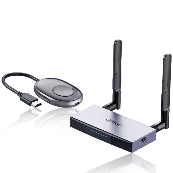 Bộ truyền HDMI VGA không dây Unitek V158A chính hãng — RX vỏ nhôm 2 ăng-ten, TX oval nối cáp HDMI, Full HD 50M