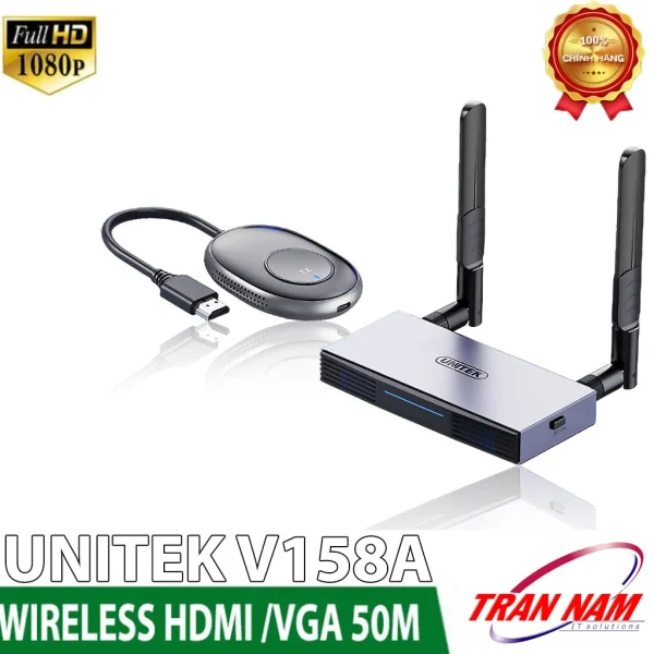 Bộ truyền HDMI VGA không dây Unitek V158A chính hãng — RX vỏ nhôm 2 ăng-ten, TX oval nối cáp HDMI, Full HD 50M