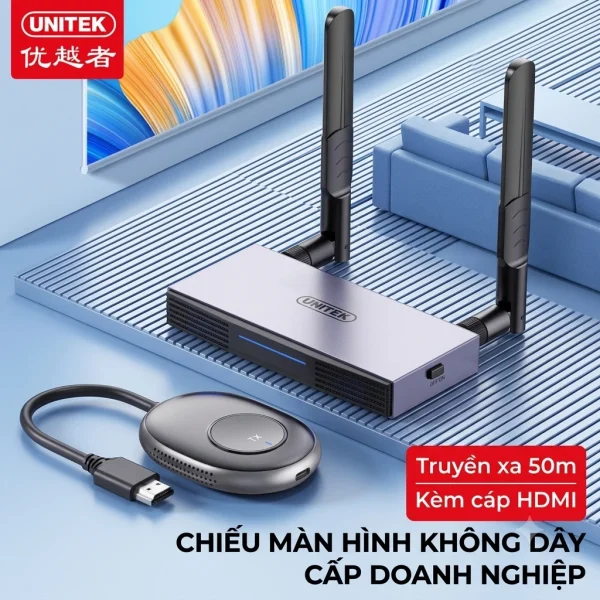 Unitek V158A truyền hình không dây xa 50m, kèm cáp HDMI — RX vỏ nhôm 2 ăng-ten, TX oval, dùng phòng họp doanh nghiệp