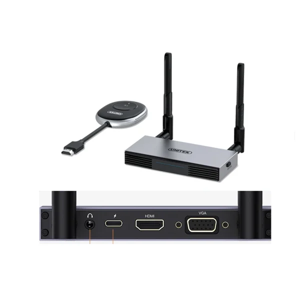 Sơ đồ cổng kết nối Unitek V158A — RX có jack audio 3.5mm, USB-C nguồn, HDMI, VGA; TX nối cáp HDMI