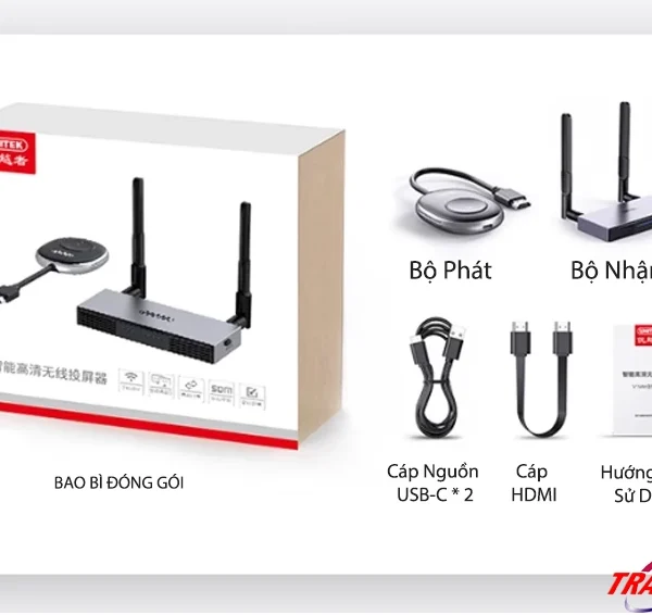 Bao bì đóng gói Unitek V158A đầy đủ phụ kiện: TX, RX, 2 cáp nguồn USB-C, cáp HDMI, sách hướng dẫn
