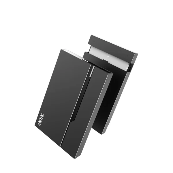 Cơ chế nắp trượt mở box Unitek S240A, lộ đầu tiếp xúc SATA và mũi tên hướng dẫn lắp ổ cứng