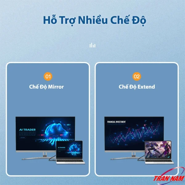 Kết nối 2 màn hình qua cáp Jasoz A105 - chế độ nhân bản Mirror hoặc mở rộng Extend, tùy chỉnh trong cài đặt hiển thị máy tính