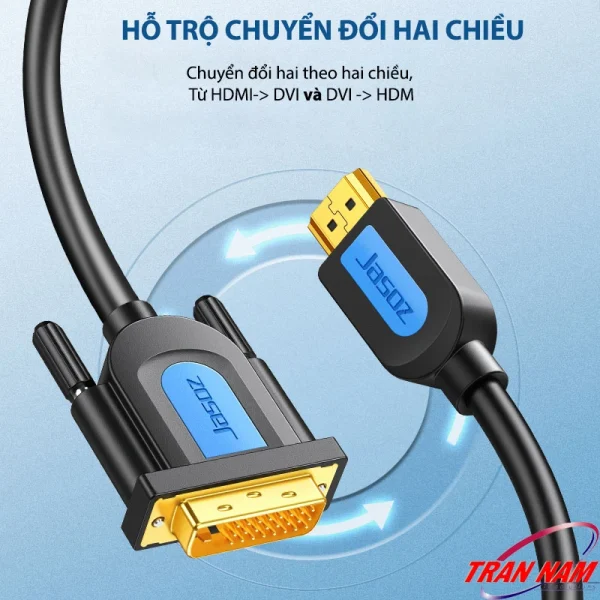 Cáp Jasoz A105 hỗ trợ chuyển đổi tín hiệu 2 chiều từ HDMI sang DVI và từ DVI sang HDMI, đầu mạ vàng