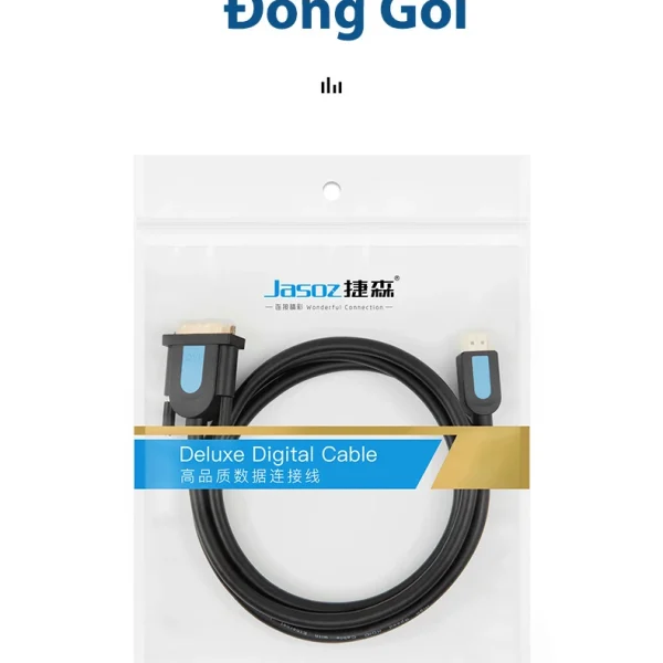 Đóng gói cáp chuyển HDMI sang DVI Jasoz A105 trong túi nylon zip khóa, in logo Jasoz chính hãng