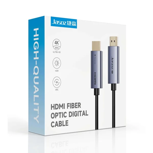 Hộp sản phẩm cáp HDMI 2.0 sợi quang Jasoz A146 chính hãng — đầu cáp mạ vàng, hỗ trợ 4K@60Hz Ultra HD, HDR, ARC