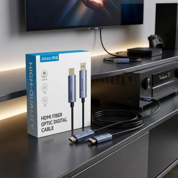 Hộp và cáp HDMI 2.0 sợi quang Jasoz A146 lắp đặt trong setup phòng khách — TV, AV receiver, console, hỗ trợ 4K@60Hz HDR ARC