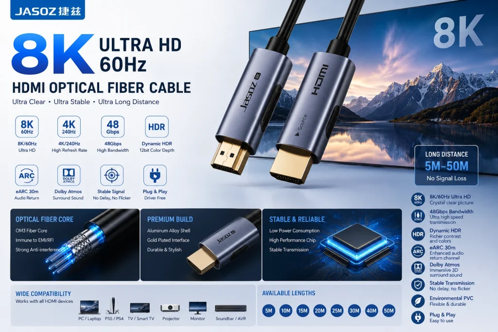 Banner cáp HDMI 2.1 sợi quang Jasoz A147 8K@60Hz, 48Gbps, HDR, eARC Dolby Atmos, lõi OM3, chip cao cấp, 8 chiều dài 5M-50M