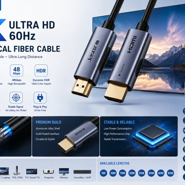 Banner cáp HDMI 2.1 sợi quang Jasoz A147 8K@60Hz, 48Gbps, HDR, eARC Dolby Atmos, lõi OM3, chip cao cấp, 8 chiều dài 5M-50M