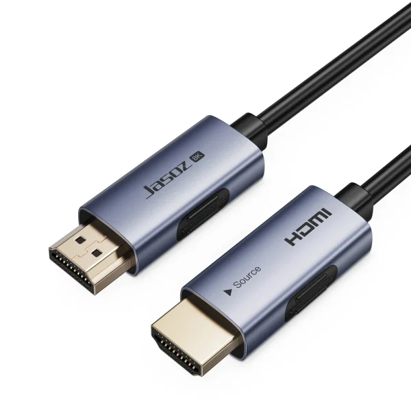 Đầu cáp HDMI 2.1 sợi quang Jasoz A147 8K mạ vàng — đầu in chữ Source phân biệt chiều cắm thiết bị phát và màn hình