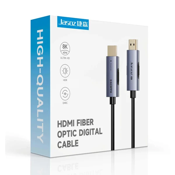 Hộp sản phẩm cáp HDMI 2.1 sợi quang Jasoz A147 chính hãng — đầu cáp mạ vàng, hỗ trợ 8K@60Hz Ultra HD, HDR, eARC