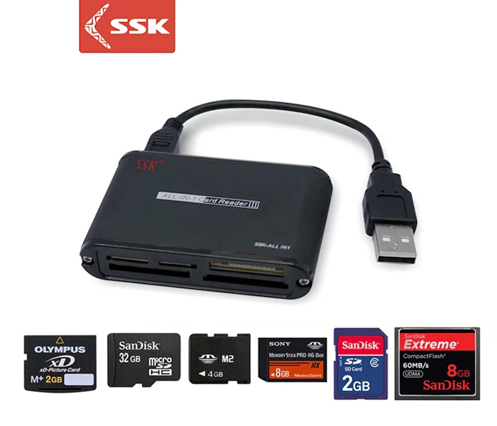 SSK SCRM025 Tương Thích 6 Loại Thẻ Nhớ Phổ Biến SSK SCRM025 tương thích 6 loại thẻ nhớ: xD Olympus, MicroSD SanDisk, M2, MS Sony, SD, CF SanDisk