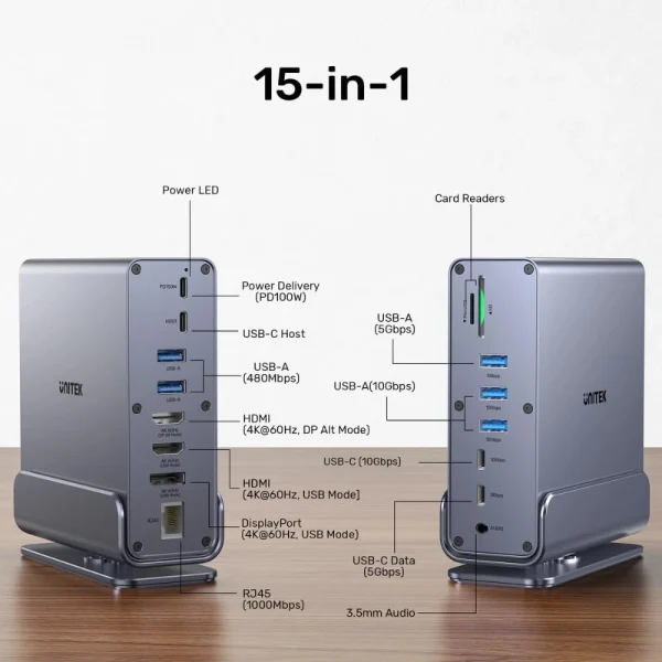 Sơ đồ chú thích đầy đủ 15 cổng kết nối mặt trước và mặt sau dock UNITEK D1135AGY01, gồm PD100W, HDMI, DisplayPort, USB, RJ45, khe thẻ nhớ