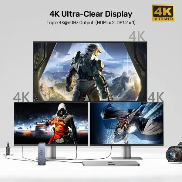 Ba màn hình 4K hiển thị 3 tựa game khác nhau kết nối đồng thời qua dock UNITEK D1135AGY01