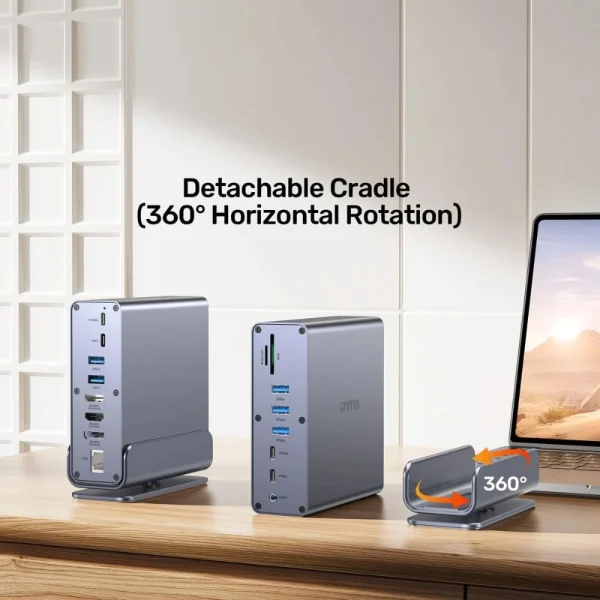 Dock UNITEK D1135AGY01 hiện 2 mặt trước sau và đế xoay 360 độ tháo rời với mũi tên minh họa chiều xoay