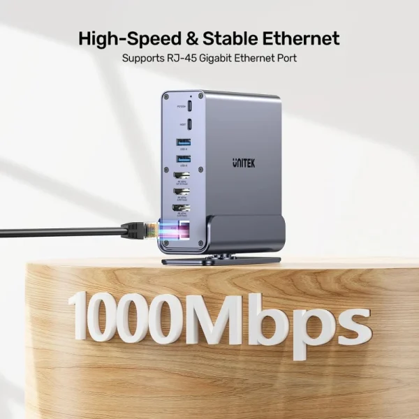 Cổng RJ45 Gigabit Ethernet trên dock UNITEK D1135AGY01 cắm dây mạng, tự nhận tốc độ 10/100/1000Mbps