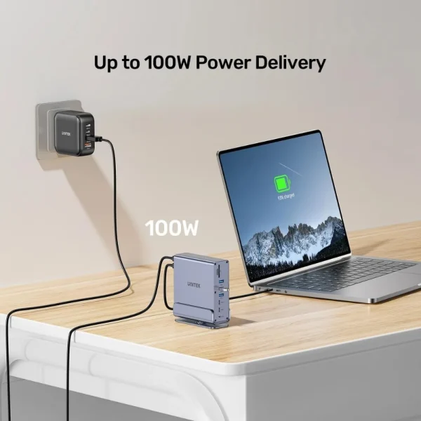 Dock UNITEK D1135AGY01 sạc laptop qua cổng PD 100W kết nối với củ sạc UNITEK treo tường