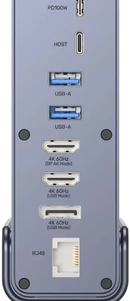 Mặt sau dock UNITEK D1135AGY01 với nhãn cổng PD100W, Host, USB-A, HDMI DP Alt Mode, HDMI USB Mode, DisplayPort USB Mode, RJ45