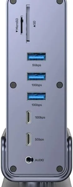 Mặt trước dock UNITEK D1135AGY01 với nhãn cổng MicroSD, SD, USB-A 5Gbps, USB-A 10Gbps x2, USB-C 10Gbps, USB-C 5Gbps, Audio 3.5mm