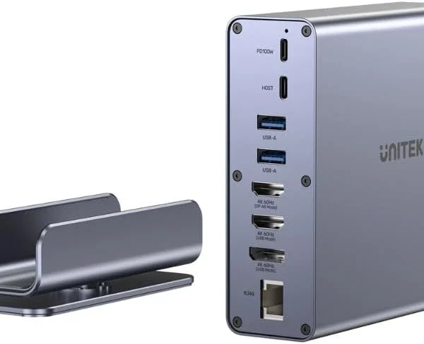 Dock UNITEK D1135AGY01 tháo rời khỏi đế đứng, đặt cạnh nhau thể hiện 2 bộ phận riêng biệt