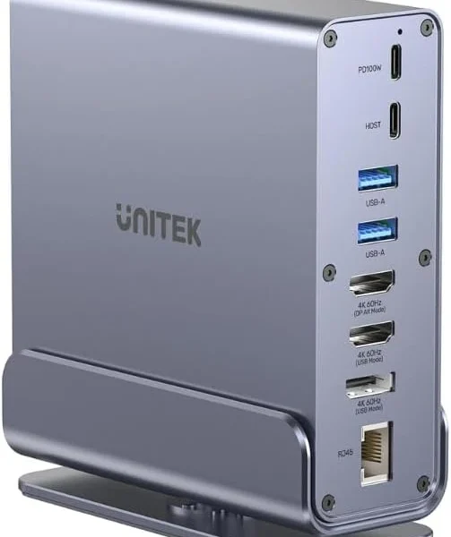 Dock UNITEK D1135AGY01 chụp góc nghiêng 3/4 hiện rõ cổng mặt sau PD100W, Host, USB-A, HDMI, RJ45 và logo UNITEK mặt bên