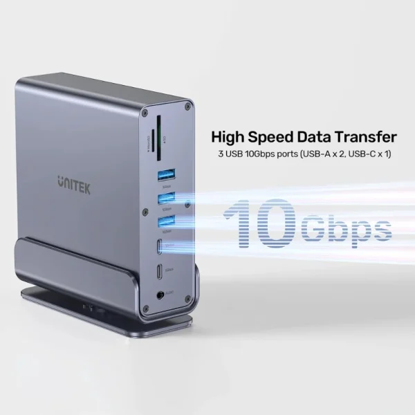 Cổng đọc thẻ SD/MicroSD và 3 cổng USB 10Gbps trên dock UNITEK D1135AGY01, tốc độ truyền dữ liệu cao cho ổ SSD di động