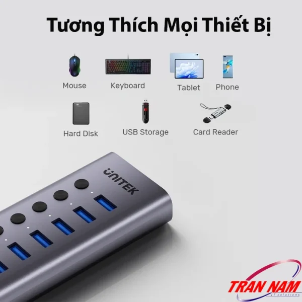 Hub Unitek H1314A tương thích chuột, bàn phím, tablet, điện thoại, ổ cứng, USB, đầu đọc thẻ nhớ