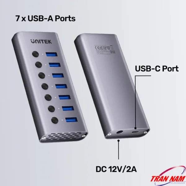 Sơ đồ mặt trước và sau hub Unitek H1314A: 7 cổng USB-A, cổng USB-C input, jack nguồn DC 12V/2A
