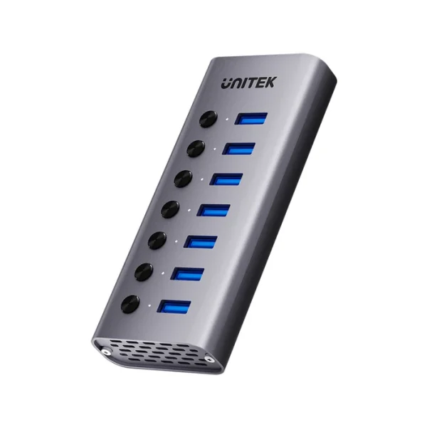 Hub chia USB 3.0 Unitek H1314A 7 cổng công tắc riêng, vỏ nhôm nguyên khối, cổng input USB-C, nguồn 12V/2A