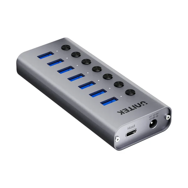 Cổng input USB-C (Host) và jack nguồn DC 12V trên hub Unitek H1314A, nhìn từ mặt sau