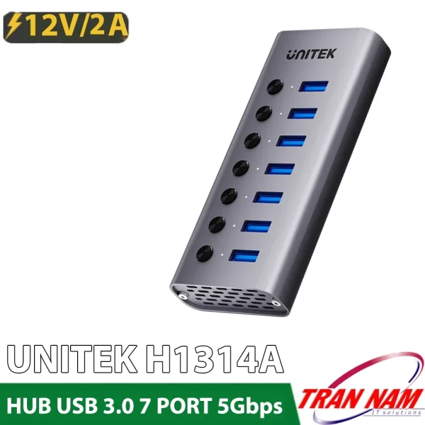 Hub USB 3.0 Unitek H1314A 7 cổng 5Gbps, kèm nguồn 12V/2A,