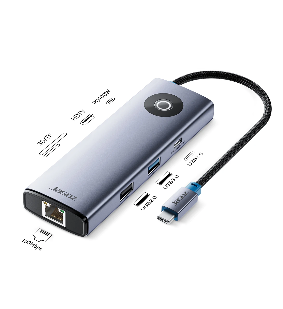 Hub USB-C 8 Trong 1 Jasoz T-H138 (1) Bộ Chuyển USB-C Sang HDMI 4K@30Hz, RJ45, Đọc Thẻ SD/TF, Sạc PD 100W Jasoz T-H138