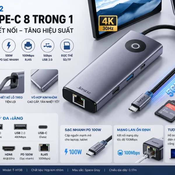 Bộ Chuyển USB-C Sang HDMI 4K@30Hz, RJ45, Đọc Thẻ SD/TF, Sạc PD 100W Jasoz T-H138 2 Bộ Chuyển USB-C Sang HDMI 4K@30Hz, RJ45, Đọc Thẻ SD/TF, Sạc PD 100W Jasoz T-H138