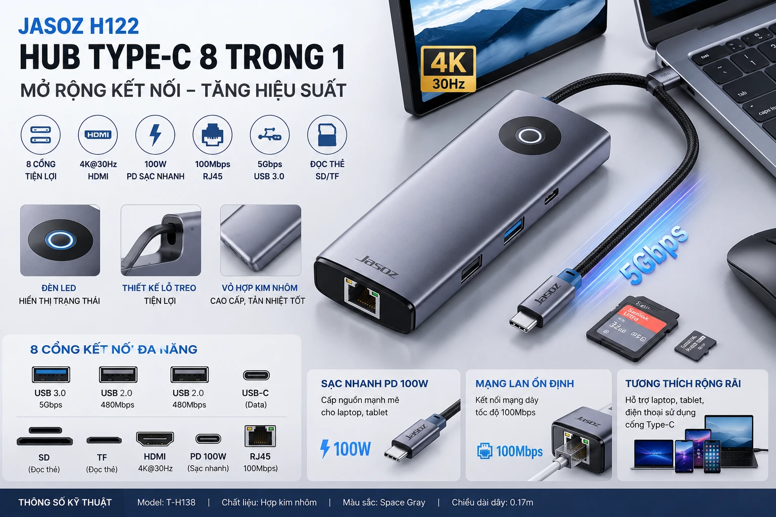 Hub USB-C 8 Trong 1 Jasoz T-H138 (2) Bộ Chuyển USB-C Sang HDMI 4K@30Hz, RJ45, Đọc Thẻ SD/TF, Sạc PD 100W Jasoz T-H138